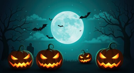 Naklejka premium Halloween night scene with jack o lanterns and bats