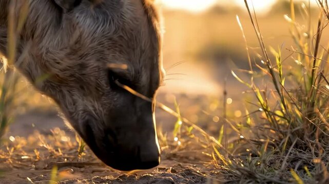 hyaeninae - Close-up of a hyena sniffing the ground in a golden grassland at sunset, with warm light illuminating the scene and distant wildlife visible