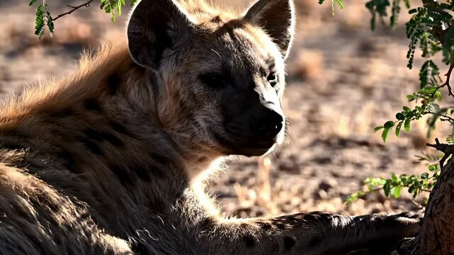 hyaeninae - A close-up of a hyena resting in a sunlit savanna, surrounded by sparse vegetation, with a blurred background of dry grasslands and distant trees