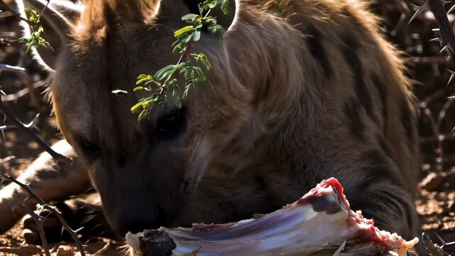 hyaeninae - A hyena resting on the ground, gnawing on a bone surrounded by thorny bushes in a natural habitat, showcasing the wild scavenger's behavior