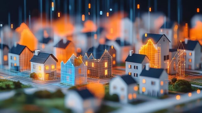Futuristic miniature neighborhood with physical houses and glowing digital wireframe overlays representing smart city technology and data visualization at night