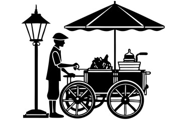 Vintage Street Food Vendor Illustration Black and White Silhouette of a Cart and Seller