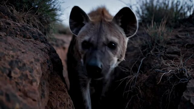 hyaeninae - A hyena emerges from a rocky crevice at dusk, showcasing its curious expression against a backdrop of rugged terrain and sparse vegetation