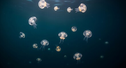 Naklejka premium Mesmerizing Underwater Scene A Swarm of Bioluminescent Jellyfish