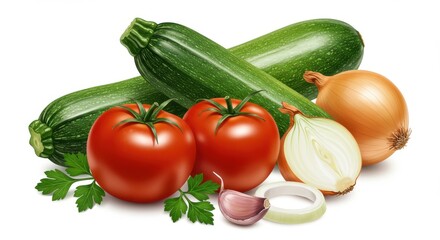 Fresh zucchini tomatoes onions and garlic