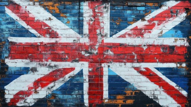 Union Jack painted on a weathered brick wall