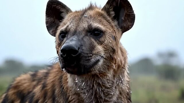 hyaeninae - A close-up of a wet hyena shaking off water droplets in a lush, green savanna, showcasing its unique fur patterns and natural habitat
