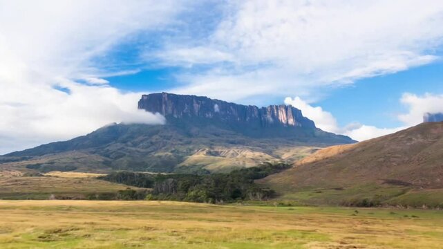 Mount Roraima in Venezuela, South America. Aerial view in time lapse.