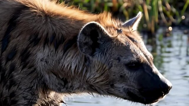 hyaeninae - A close-up of a wild hyena foraging in a wetland area, surrounded by lush green grass and reflecting water under a bright sky