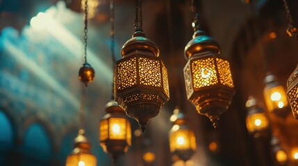 Ornate brass lanterns, glowing light, hanging from ceiling