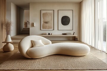 Minimalist living room with modern curved beige sofa, textured area rug, wooden floor, soft natural light through sheer curtains, abstract art on wall, and simple decor