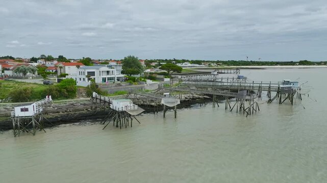 Fishing huts over Randonnee entre Histoire et Nature from a drone, Fouras, Fouras-les-Bains, Charente-Maritime, Nouvelle-Aquitaine, France, Europe