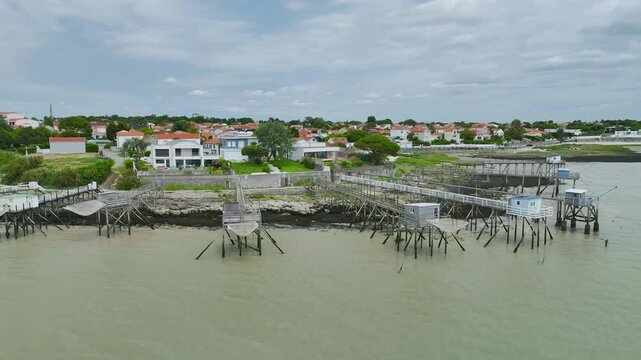 Fishing huts over Randonnee entre Histoire et Nature from a drone, Fouras, Fouras-les-Bains, Charente-Maritime, Nouvelle-Aquitaine, France, Europe