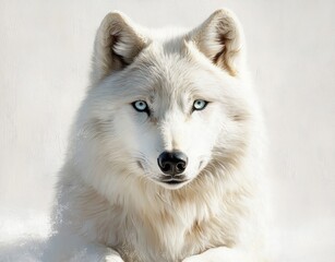 Fototapeta premium Close-up portrait of a calm white arctic wolf with piercing blue eyes against a neutral light background