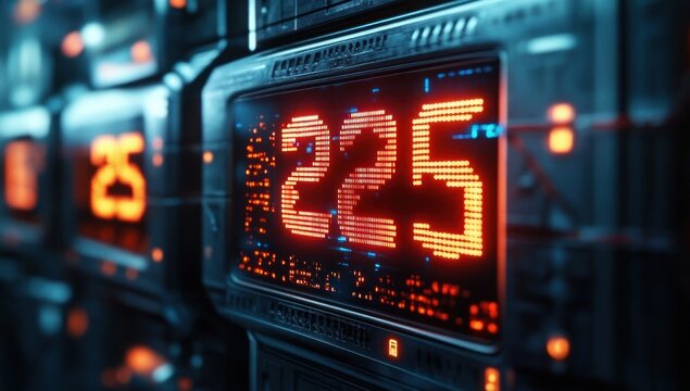 Close-up view of multiple digital display panels showing bright orange numbers with a futuristic and high-tech ambiance