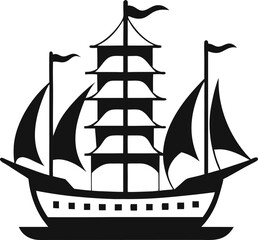 A detailed ship outline with masts and sails, perfect for adventure themes with white background.