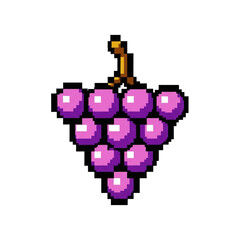 Fototapeta premium A vibrant pixel art illustration depicting a bunch of purple grapes with a brown stem, rendered in a classic 8 bit style. Perfect for retro gaming, digital design, and nostalgic themes.