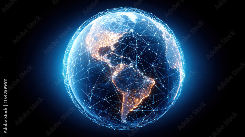 Poster glowing digital 3d render of earth showing north and south america connected by network of bright li