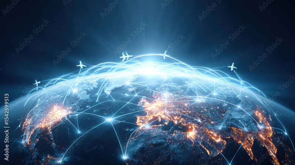 Poster glowing digital visualization of global logistics network with illuminated cities and airplanes flyi