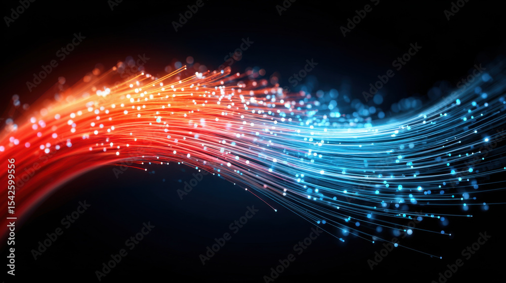Aufkleber Glowing abstract fiber optic cable visualization with vibrant red and blue light strands creating dynamic and futuristic effect