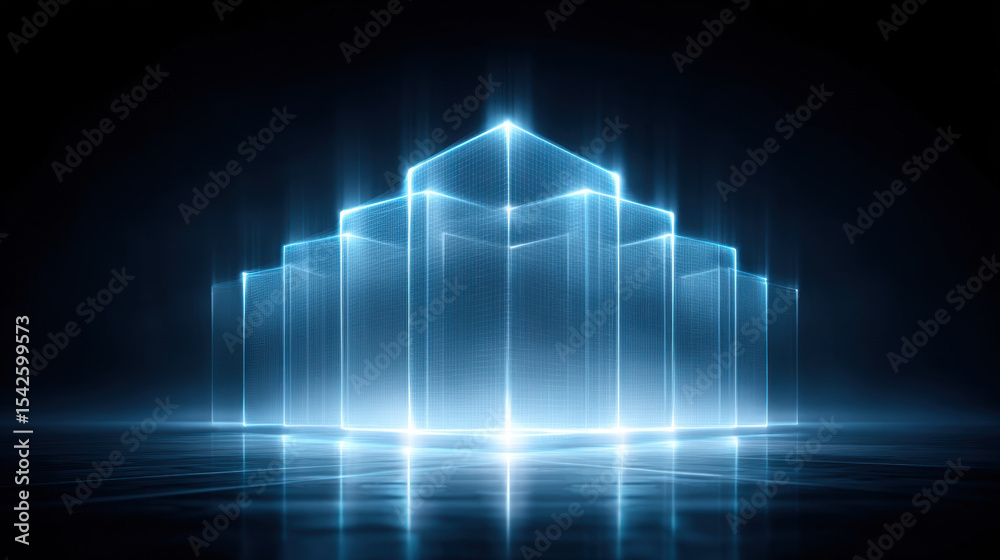 Poster glowing abstract representation of secure cloud with bright blue light and digital grid lines creati