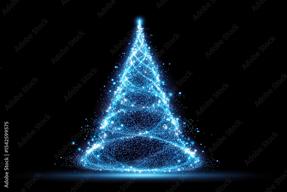 Poster glowing abstract christmas tree made of blue sparkling light particles on dark background, creating 