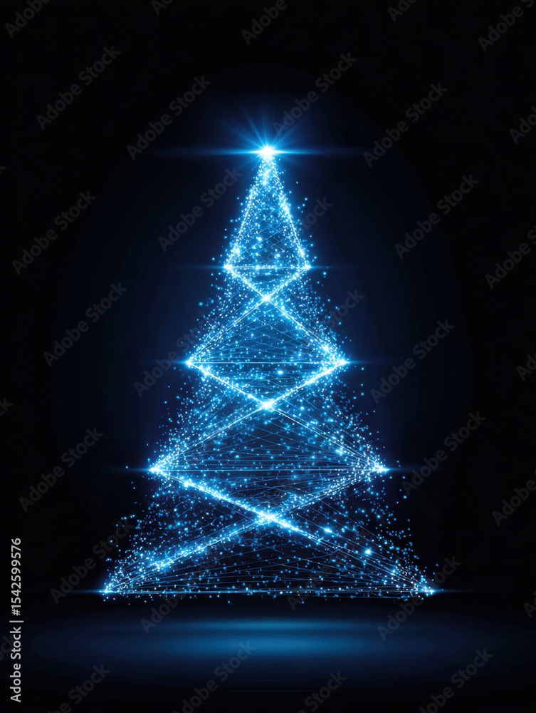 Aufkleber glowing blue digital christmas tree made of sparkling light particles and lines shines brightly on d