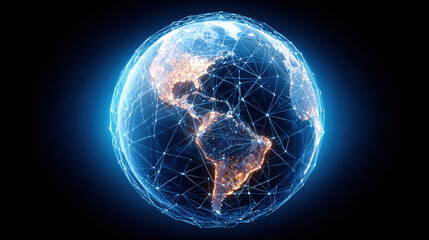 Glowing digital 3D render of Earth showing North and South America connected by network of bright lines and points, symbolizing global