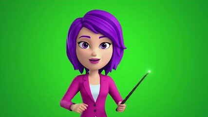 Cartoon character girl in pink suit with purple hair and a magic wand against bright green background - Powered by Adobe