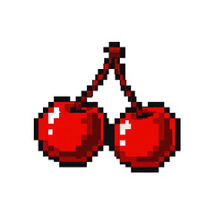 Obraz premium Two vibrant red cherries depicted in a classic pixel art style, perfect for retro game design, digital art, or nostalgic themes.