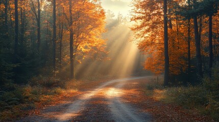 Sunlit Forest Path Through Autumn Foliage with Golden Light and Colorful Leaves Serene Nature Scene in Tranquil