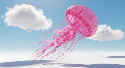 Pink Jellyfish Soaring Through a Dreamlike Sky Surreal Underwater Creature Art