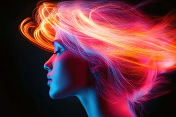 Profile of a serene woman with eyes closed surrounded by vibrant swirling neon light trails blending orange, pink, and purple hues against a dark background