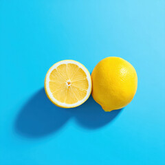 Bright yellow lemon cut in half with one whole lemon on vibrant blue background casting soft shadow, evoking freshness and zest