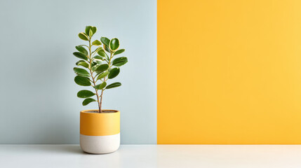 Clean minimalist composition of green plant in stylish yellow and white pot against two tone blue and yellow background creating fresh mood