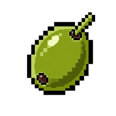 Obraz premium A vibrant pixel art illustration of a green olive with a stem, featuring glossy highlights. Ideal for retro video games, digital menus, or healthy food themed designs.