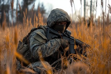 Soldier in camouflage uniform with face covered holding rifle crouched in tall dry grass during twilight