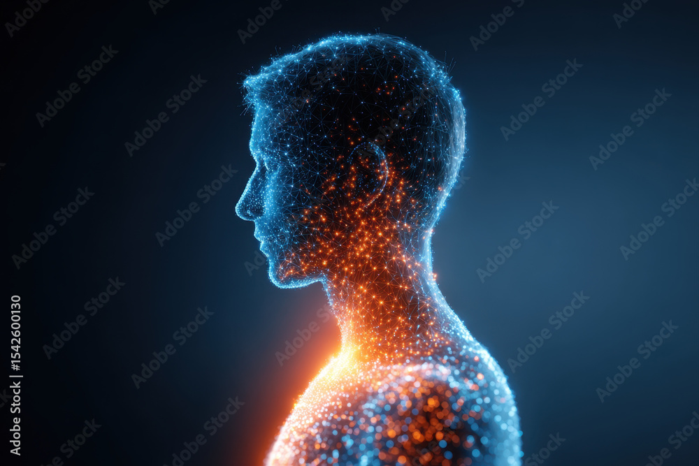 Poster digital human profile composed of glowing blue and orange network nodes and lines, symbolizing futur