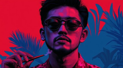 Stylish Man with Sunglasses in Neon Tropical Setting - Artistic Portrait