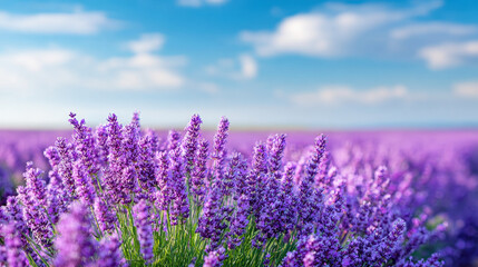 Fototapeta premium Vibrant field of purple lavender flowers stretches under bright blue summer sky, creating peaceful and colorful natural scene