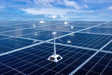 Clean energy concept with wind turbine and solar panels, futuristic technology icons showing renewable energy, carbon reduction, and sustainable development for environmental conservation