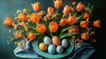 vibrant orange tulips and smaller flowers arranged around a teal plate holding colorful speckled eggs on a blue cloth against a dark background