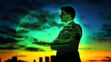 Silhouette of a confident businessman with digital overlay against a sunset cityscape - Powered by Adobe