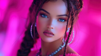 Close-up portrait of a young woman with striking blue eyes, braided hair, glossy lips, and large hoop earrings under magenta lighting expressing confidence and allure