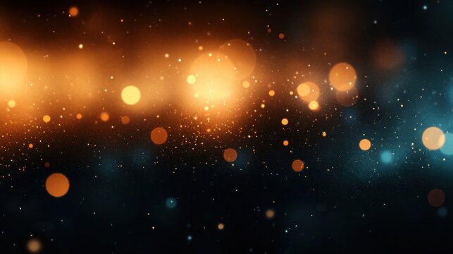 Abstract dark background with glowing orange and blue bokeh lights and scattered sparkling particles creating a festive, magical atmosphere