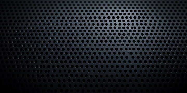Close-up of dark perforated metal surface with circular holes creating a textured, industrial pattern under soft lighting