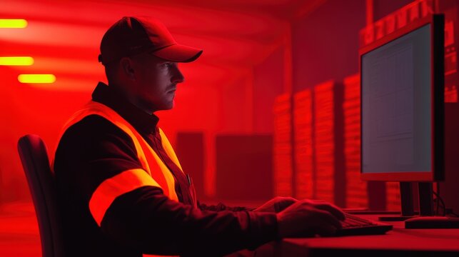 Cybersecurity Specialist Monitoring Server Room in Red Light