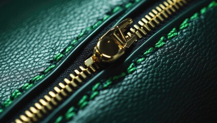 Close-up of a dark emerald green leather zippered accessory