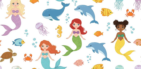 Obraz premium Watercolor seamless Pattern with mermaids, fishes, dolphin and whale. Illustration of children linen or kids textiles. Art in pastel colors for packaging or wrapping paper. Drawing for nursery wall.