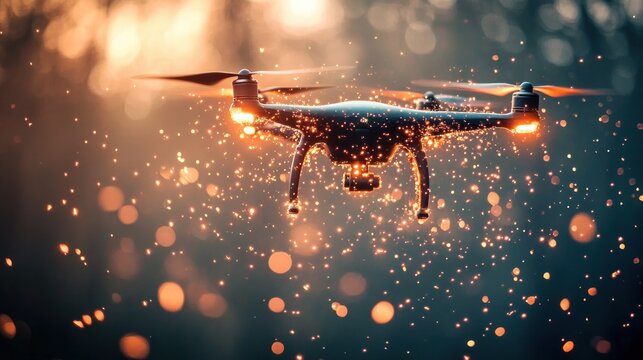 Black quadcopter drone flying in sparkling golden light particles with a blurred dark background during sunset or sunrise
